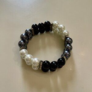 Black, white, grey faux pearl bracelet with cubic zircona